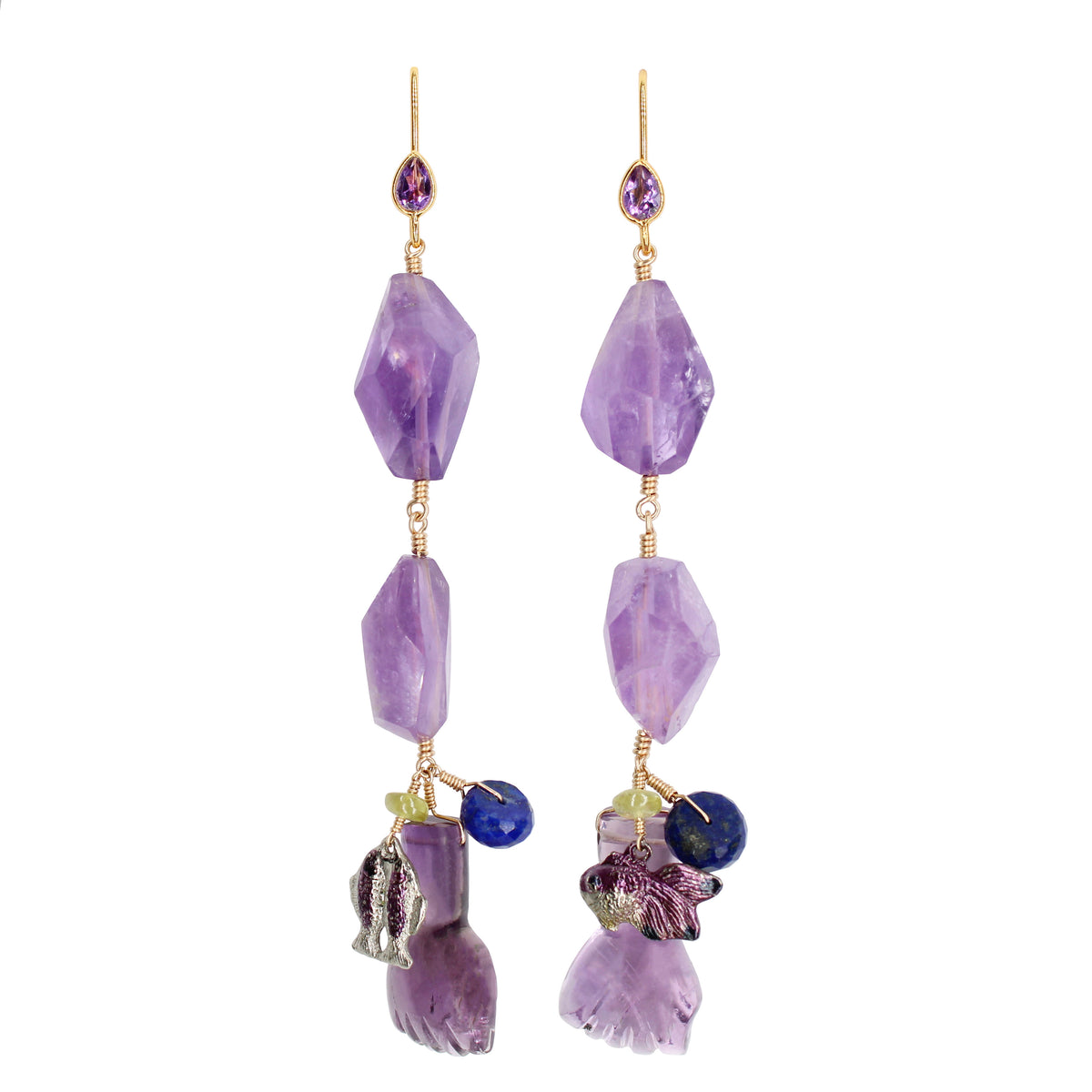 Amethyst Dangle Earring with Various Gemstones & Antique Charms.