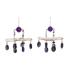 Load image into Gallery viewer, Pair of earrings with purple beads and gold accents on a white background