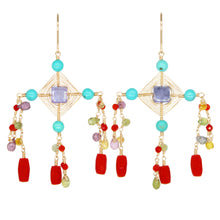 Load image into Gallery viewer, Woven turquoise, coral and sapphire earring in gold.

