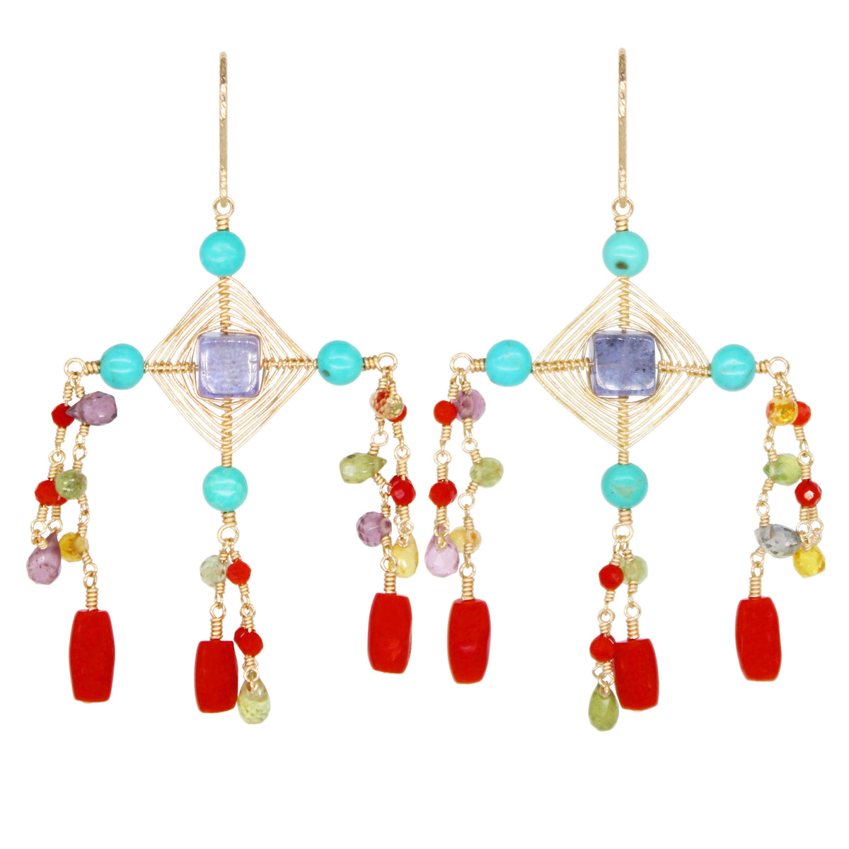 Woven turquoise, coral and sapphire earring in gold.