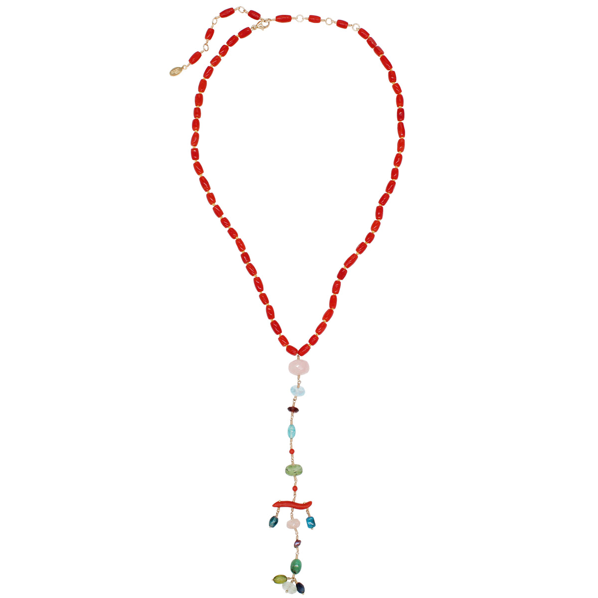 Coral Lariat Necklace with a Gemstone Drop in  Various Stones. 
