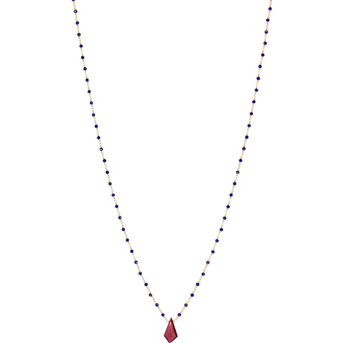 Delicate Lapis Chain Necklace with Garnet Drop Focal.