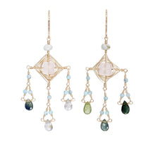 Load image into Gallery viewer, Woven Gold Earring in Rose Quartz, Larimar &amp; Tourmaline.
