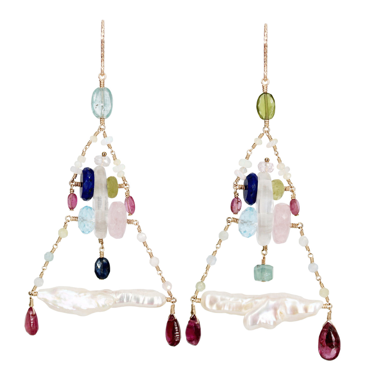 Large Statement Earring with Pearl Bars & Various Gemstones. 