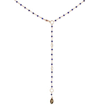Load image into Gallery viewer, Delicate Lapis Chain Necklace with Garnet Drop Focal.
