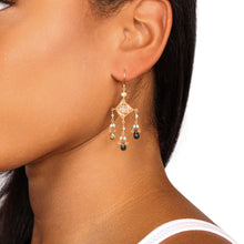 Load image into Gallery viewer, Model Wearing a Woven Gold Earring in Rose Quartz, Larimar &amp; Tourmaline.
