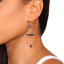Load image into Gallery viewer, Model Wearing a Gemstone Earring with Tourmaline Bar &amp; Various Gemstones.
